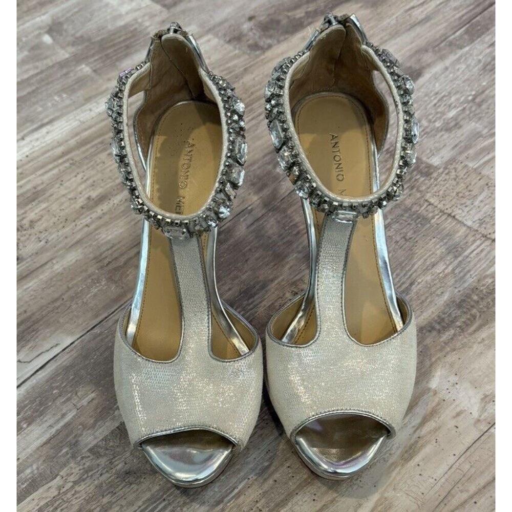 ANTONIO MELANI Women’s Silver Embellished Strappy Stiletto High Heels Sz 8.5M - Picture 2 of 7